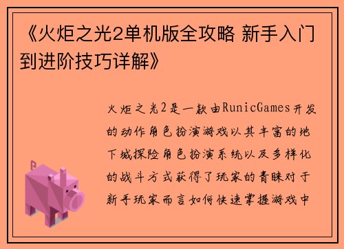 《火炬之光2单机版全攻略 新手入门到进阶技巧详解》